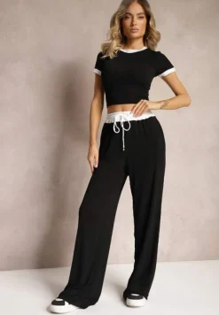 Czarny Komplet z Prążkowanego Materiału T-shirt Szerokie Spodnie z Gumką w Pasie Alandrea