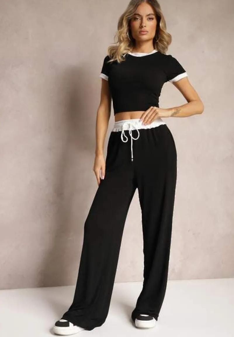 Czarny Komplet z Prążkowanego Materiału T-shirt Szerokie Spodnie z Gumką w Pasie Alandrea