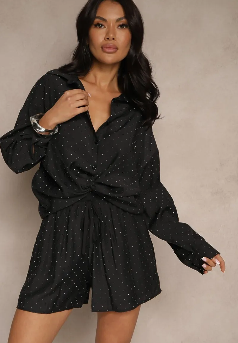 Czarny Komplet z Tkaniny z Cyrkoniami Koszula i Szorty Jenadriella