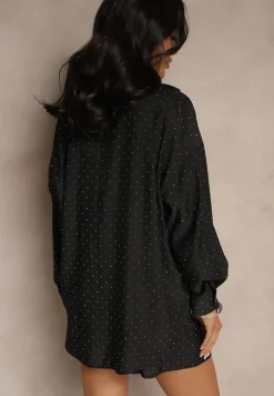 Czarny Komplet z Tkaniny z Cyrkoniami Koszula i Szorty Jenadriella