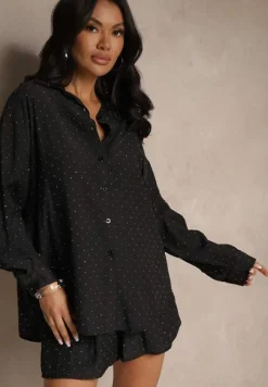 Czarny Komplet z Tkaniny z Cyrkoniami Koszula i Szorty Jenadriella