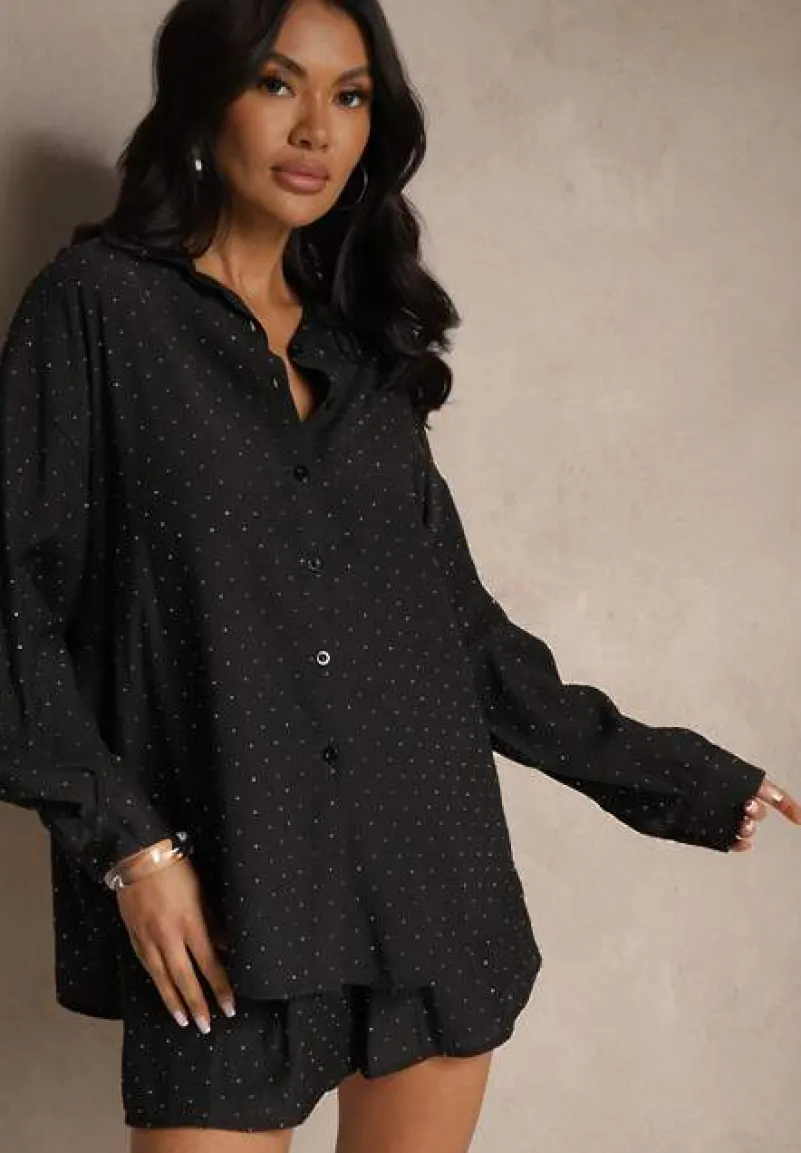 Czarny Komplet z Tkaniny z Cyrkoniami Koszula i Szorty Jenadriella