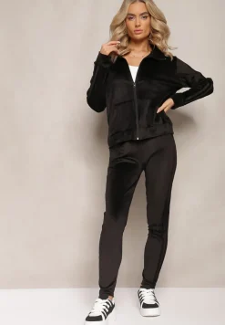 Czarny Komplet z Weluru Bluza i Spodnie Dresowe z Lampasami Blivia