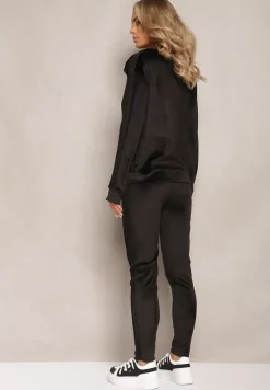 Czarny Komplet z Weluru Bluza i Spodnie Dresowe z Lampasami Blivia