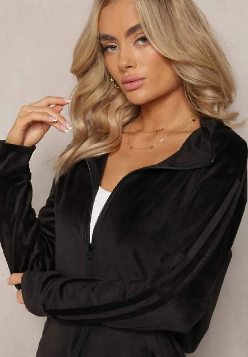 Czarny Komplet z Weluru Bluza i Spodnie Dresowe z Lampasami Blivia