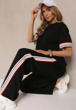 Czarny Komplet z Wiskozą Bluzka Ozdobiona Paskami i Szerokie Spodnie Nilassea