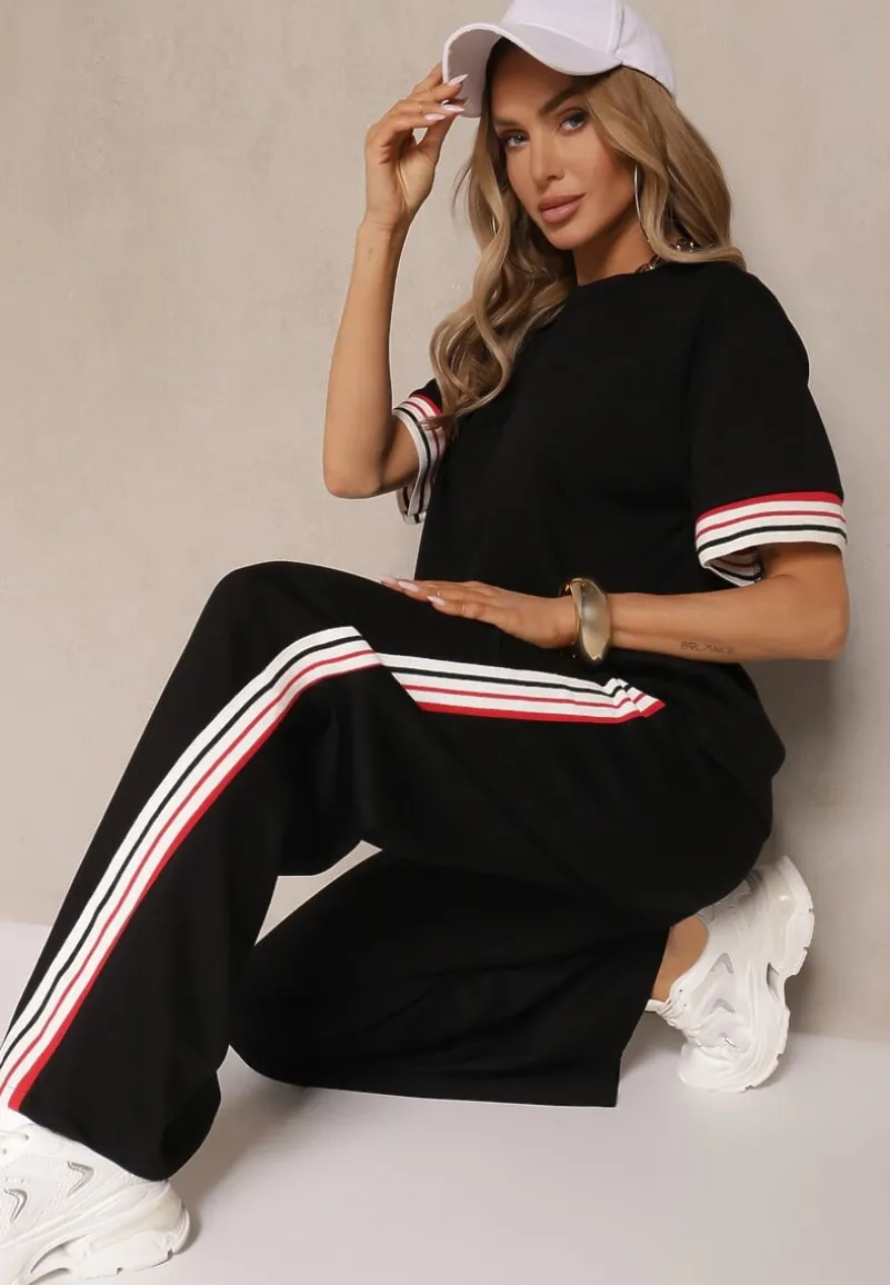 Czarny Komplet z Wiskozą Bluzka Ozdobiona Paskami i Szerokie Spodnie Nilassea