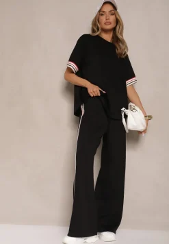 Czarny Komplet z Wiskozą Bluzka Ozdobiona Paskami i Szerokie Spodnie Nilassea