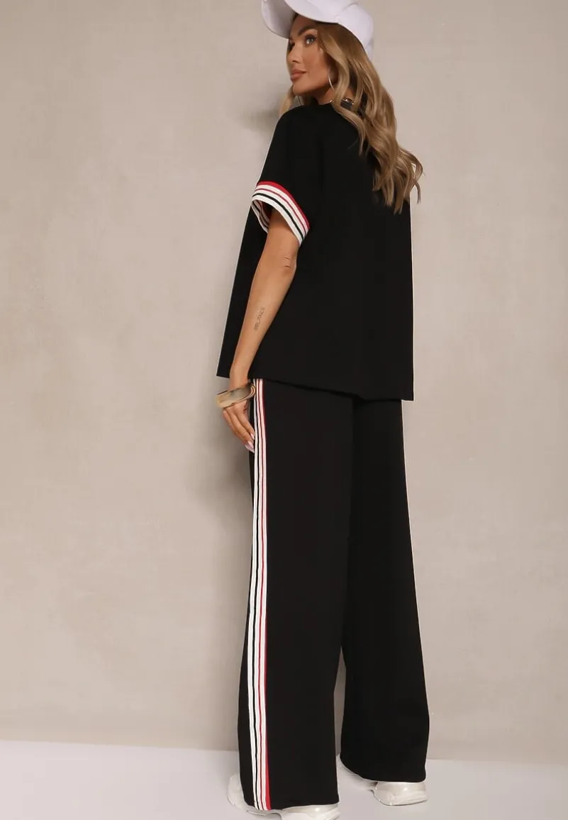 Czarny Komplet z Wiskozą Bluzka Ozdobiona Paskami i Szerokie Spodnie Nilassea