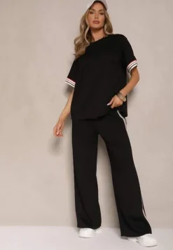 Czarny Komplet z Wiskozą Bluzka Ozdobiona Paskami i Szerokie Spodnie Nilassea