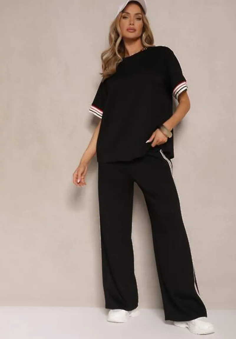 Czarny Komplet z Wiskozą Bluzka Ozdobiona Paskami i Szerokie Spodnie Nilassea
