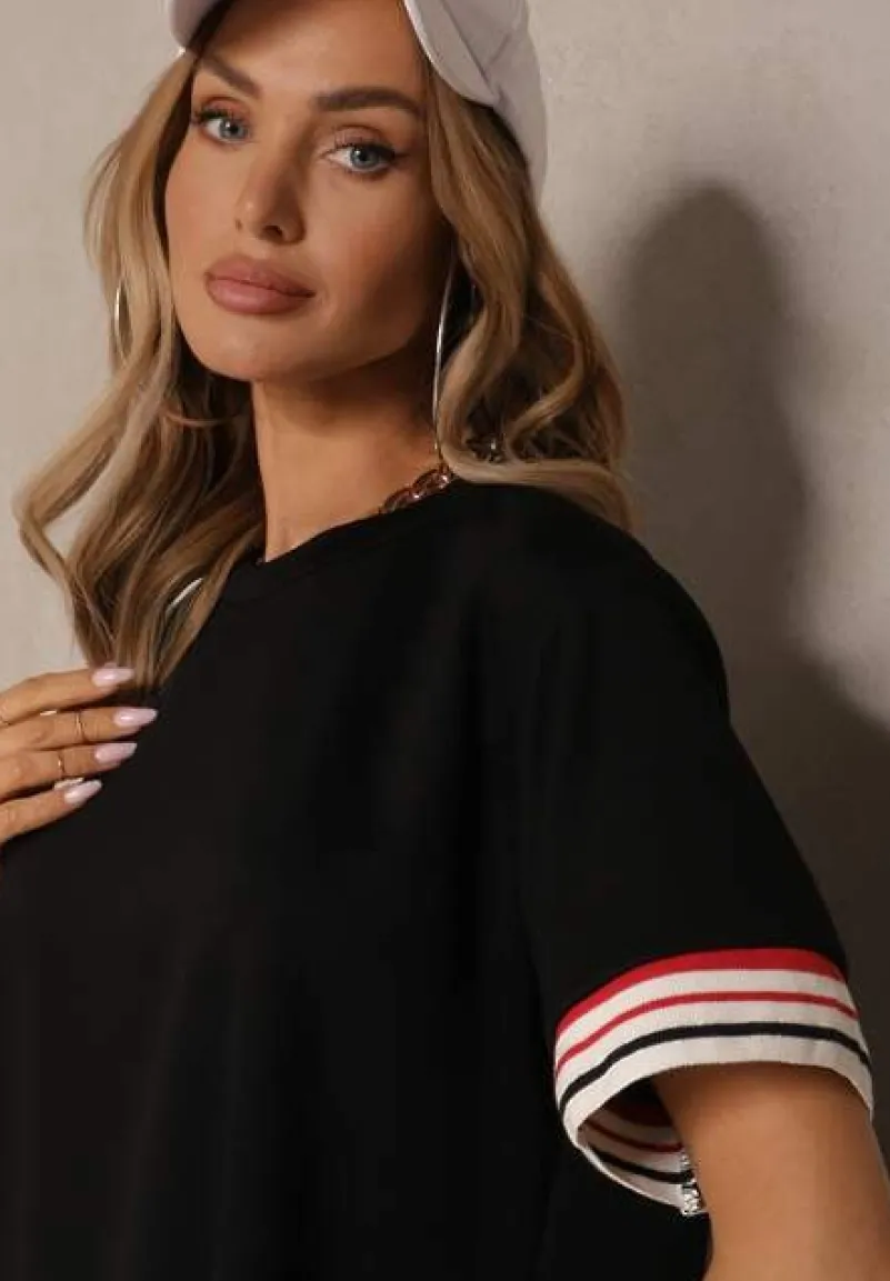 Czarny Komplet z Wiskozą Bluzka Ozdobiona Paskami i Szerokie Spodnie Nilassea