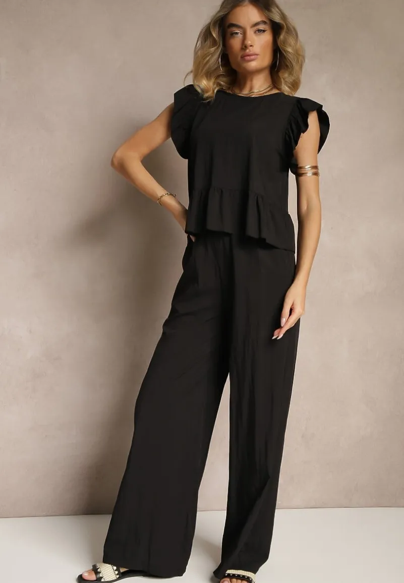 Czarny Komplet z Wiskozą Spodnie o Szerokim Kroju i Bluzka z Baskinką Evellimi