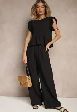 Czarny Komplet z Wiskozą Spodnie o Szerokim Kroju i Bluzka z Baskinką Evellimi