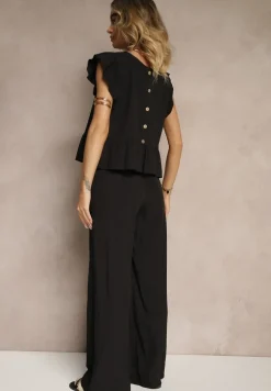 Czarny Komplet z Wiskozą Spodnie o Szerokim Kroju i Bluzka z Baskinką Evellimi