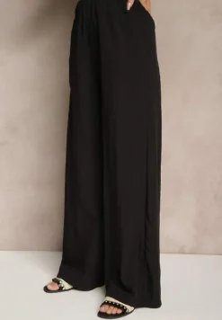 Czarny Komplet z Wiskozą Spodnie o Szerokim Kroju i Bluzka z Baskinką Evellimi