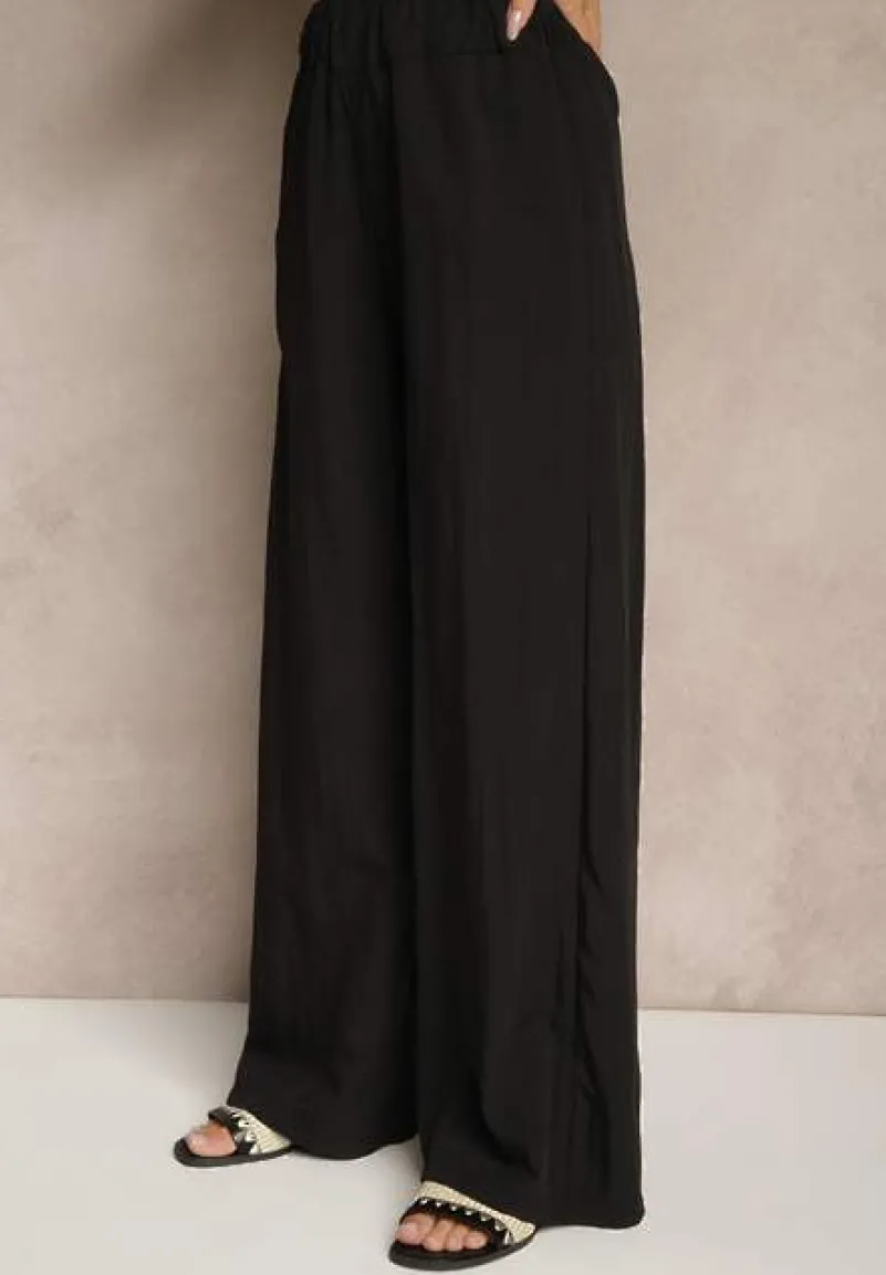 Czarny Komplet z Wiskozą Spodnie o Szerokim Kroju i Bluzka z Baskinką Evellimi