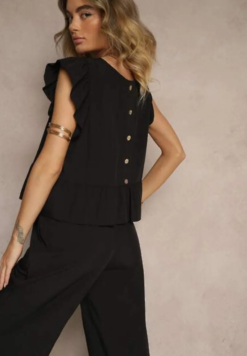 Czarny Komplet z Wiskozą Spodnie o Szerokim Kroju i Bluzka z Baskinką Evellimi