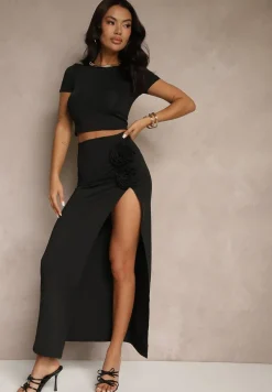 Czarny Komplet z Wiskozą Spódnica z Kwiatami 3D i Krótka Koszulka Redelle