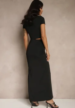 Czarny Komplet z Wiskozą Spódnica z Kwiatami 3D i Krótka Koszulka Redelle