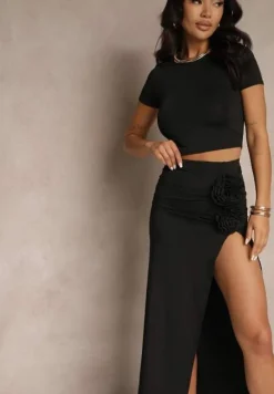 Czarny Komplet z Wiskozą Spódnica z Kwiatami 3D i Krótka Koszulka Redelle