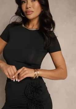 Czarny Komplet z Wiskozą Spódnica z Kwiatami 3D i Krótka Koszulka Redelle