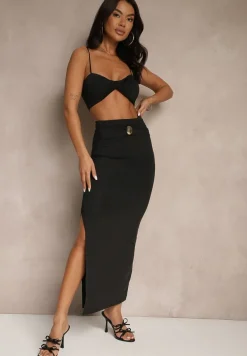 Czarny Komplet z Wiskozą Spódnica z Ozdobnym Rozcięciem i Top na Ramiączkach Savoranae