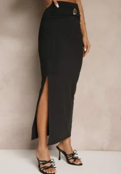 Czarny Komplet z Wiskozą Spódnica z Ozdobnym Rozcięciem i Top na Ramiączkach Savoranae