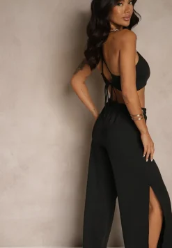 Czarny Komplet z Wiskozą Wiązany Top i Spodnie o Szerokim Kroju z Rozcięciami Zilavira
