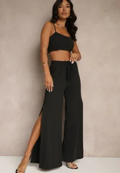Czarny Komplet z Wiskozą Wiązany Top i Spodnie o Szerokim Kroju z Rozcięciami Zilavira