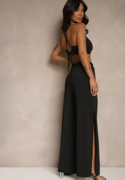 Czarny Komplet z Wiskozą Wiązany Top i Spodnie o Szerokim Kroju z Rozcięciami Zilavira