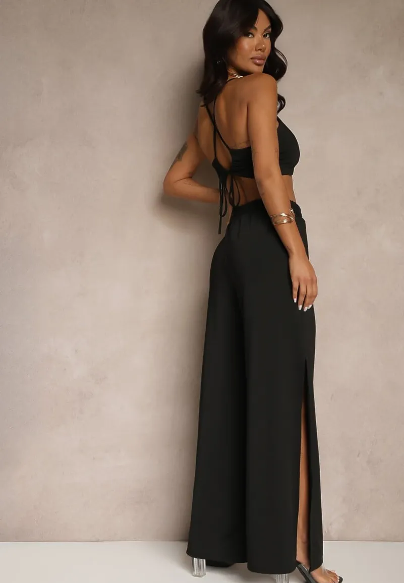 Czarny Komplet z Wiskozą Wiązany Top i Spodnie o Szerokim Kroju z Rozcięciami Zilavira