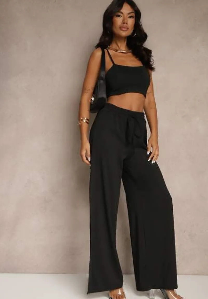Czarny Komplet z Wiskozą Wiązany Top i Spodnie o Szerokim Kroju z Rozcięciami Zilavira