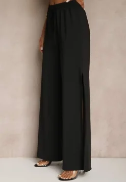 Czarny Komplet z Wiskozą Wiązany Top i Spodnie o Szerokim Kroju z Rozcięciami Zilavira