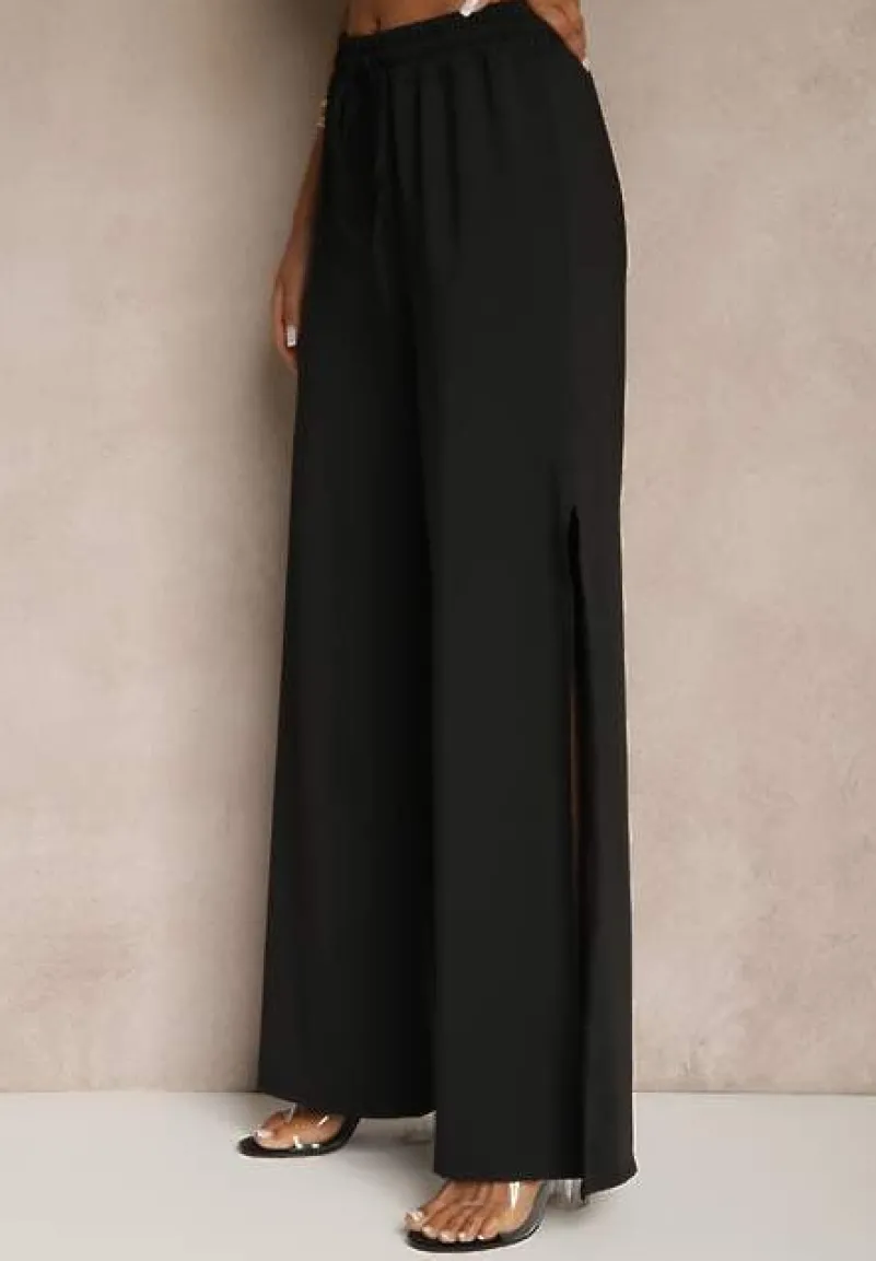 Czarny Komplet z Wiskozą Wiązany Top i Spodnie o Szerokim Kroju z Rozcięciami Zilavira