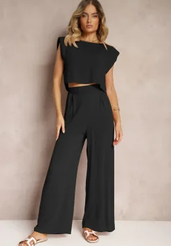 Czarny Komplet z Wiskozy Proste Szerokie Spodnie i Bluzka z Guzikiem Vimarells