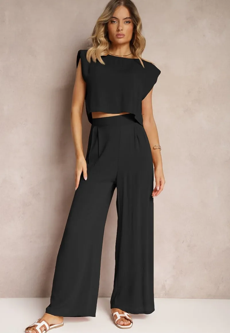 Czarny Komplet z Wiskozy Proste Szerokie Spodnie i Bluzka z Guzikiem Vimarells