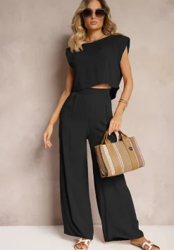 Czarny Komplet z Wiskozy Proste Szerokie Spodnie i Bluzka z Guzikiem Vimarells