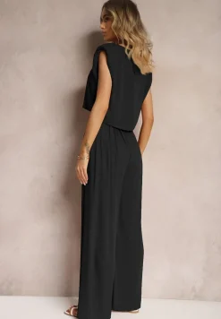 Czarny Komplet z Wiskozy Proste Szerokie Spodnie i Bluzka z Guzikiem Vimarells