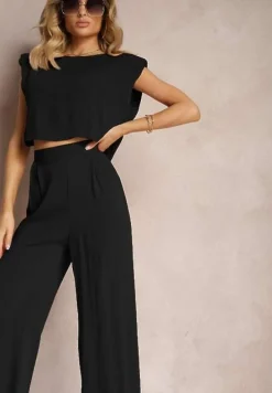 Czarny Komplet z Wiskozy Proste Szerokie Spodnie i Bluzka z Guzikiem Vimarells