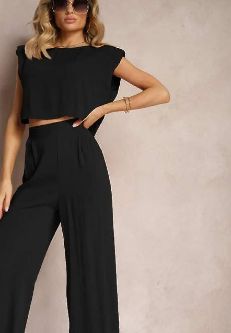 Czarny Komplet z Wiskozy Proste Szerokie Spodnie i Bluzka z Guzikiem Vimarells