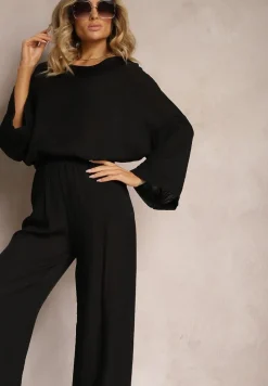 Czarny Komplet z Wiskozy Bluzka o Kroju Nietoperza i Szerokie Spodnie Qadrina