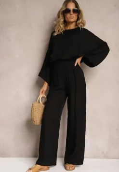 Czarny Komplet z Wiskozy Bluzka o Kroju Nietoperza i Szerokie Spodnie Qadrina