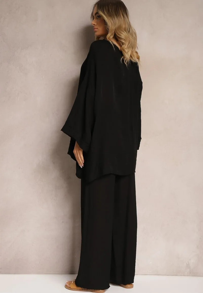 Czarny Komplet z Wiskozy Bluzka o Kroju Nietoperza i Szerokie Spodnie Qadrina