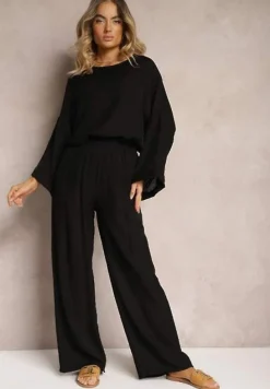 Czarny Komplet z Wiskozy Bluzka o Kroju Nietoperza i Szerokie Spodnie Qadrina
