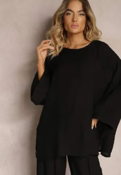 Czarny Komplet z Wiskozy Bluzka o Kroju Nietoperza i Szerokie Spodnie Qadrina