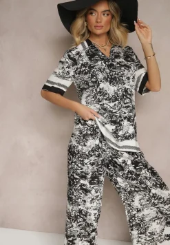 Czarny Komplet z Wiskozy Koszula i Spodnie z Motywem Roślinnym Ridiene