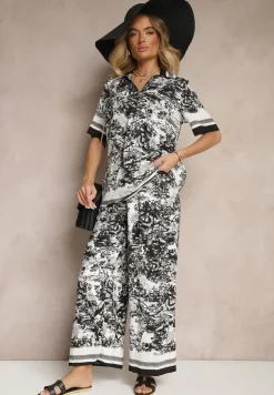 Czarny Komplet z Wiskozy Koszula i Spodnie z Motywem Roślinnym Ridiene