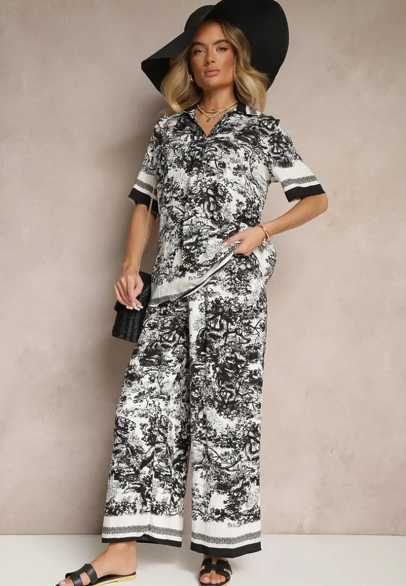 Czarny Komplet z Wiskozy Koszula i Spodnie z Motywem Roślinnym Ridiene