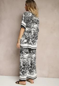 Czarny Komplet z Wiskozy Koszula i Spodnie z Motywem Roślinnym Ridiene